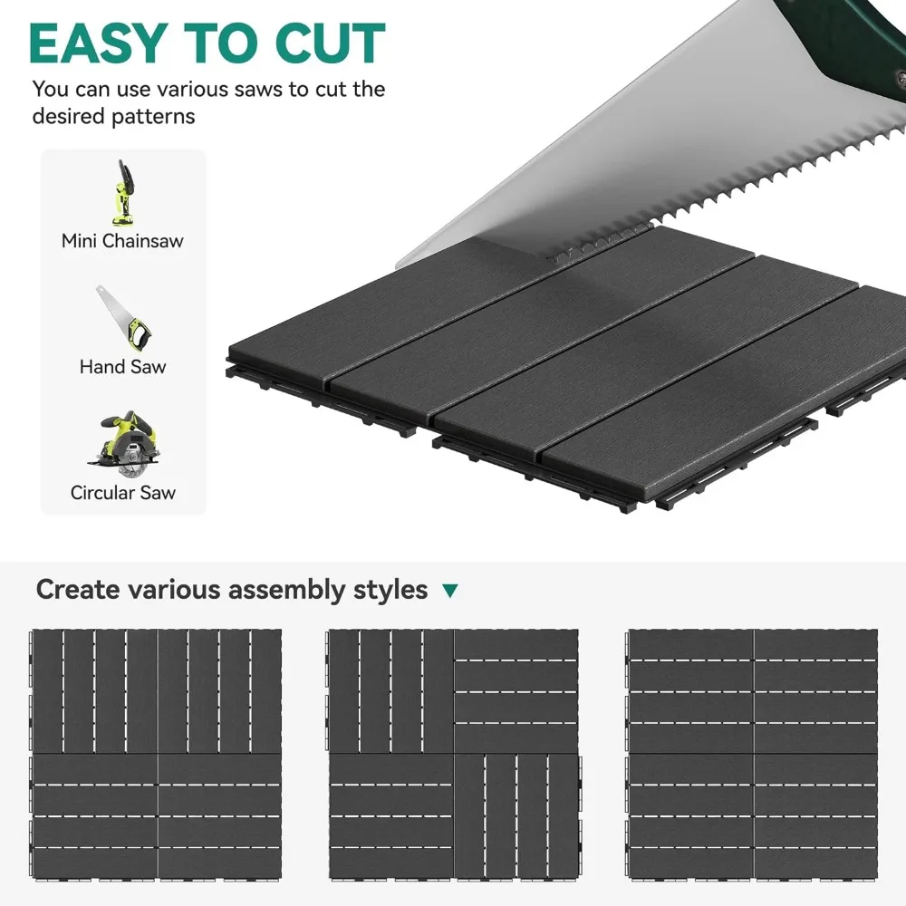 Baldosas de cubierta entrelazadas de plástico, paquete de 36 pisos impermeables para exteriores, resistentes al deslizamiento, duraderos, 12x12 pulgadas, gris intenso