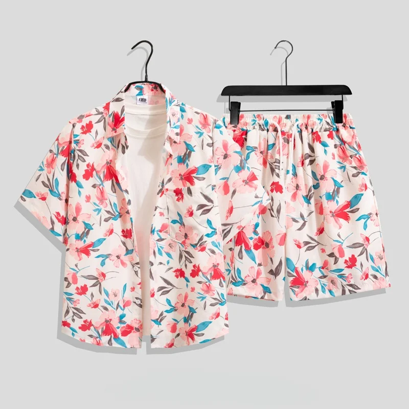 Summer Men's Hawaiian Beach Vacation Casual Suit Plus Size Loose Quick Drying Short Sleeve Floral Shirt Shorts Two Piece Set