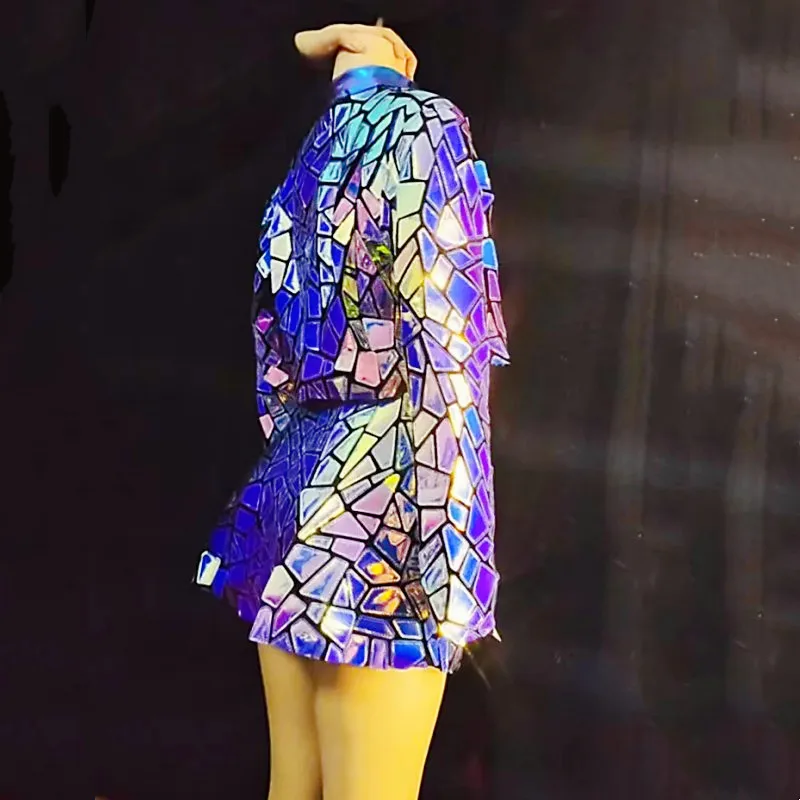 Giacca con specchio laser lucido Minigonna Abito da ballo per donna Jazz Dance Team Performance Costume Festa di compleanno Festival Abbigliamento