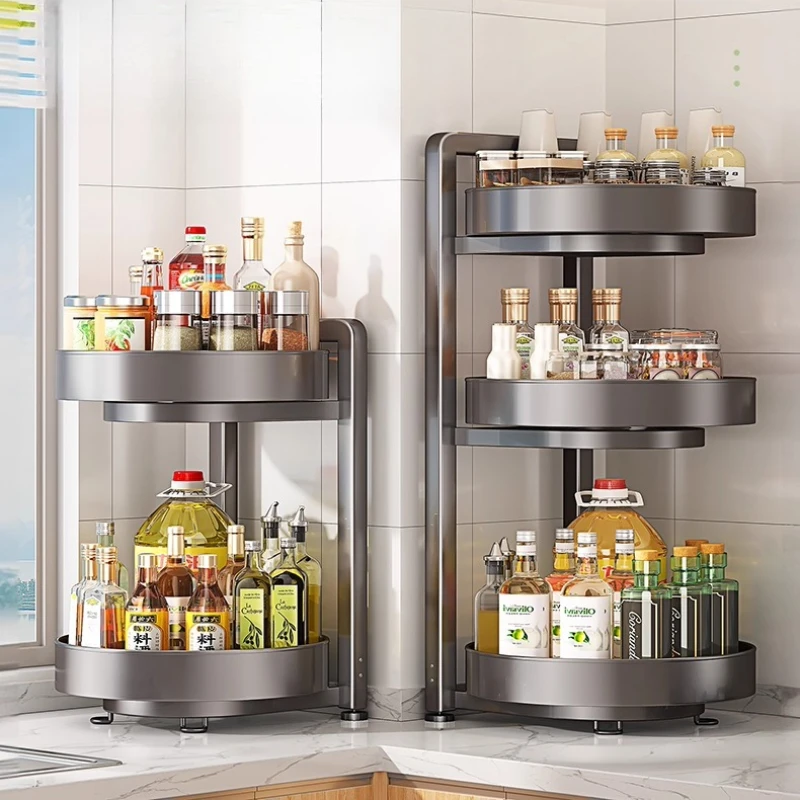 ‌Rotary Spice Rack Organizer, 360° Swivel Turntable Lazy Susan for Kitchen, 2-Tier Corner Storage Tray, Rustproof Spice Holder