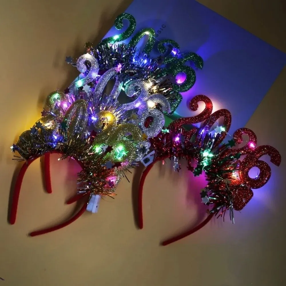 

Sequin 2026 Happy New Year Headband Cute Sweet Luminous Headpiece Star Strip Creative New Year Decorative Headdress