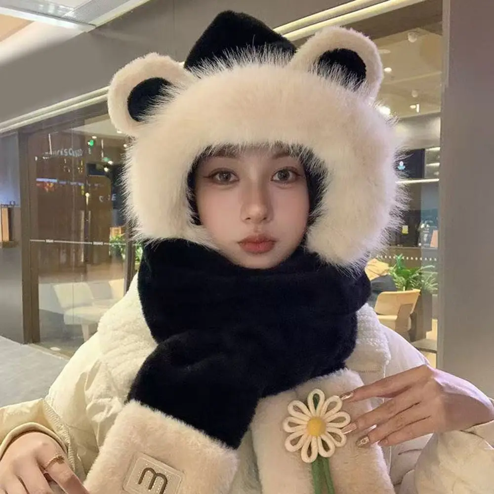 قبعة نسائية دافئة على الموضة مع وشاح مقاوم للبرد والرياح من قطعة واحدة قبعات أوشحة على شكل زهرة دافئة للأذن قبعة حماية للخريف والشتاء #3