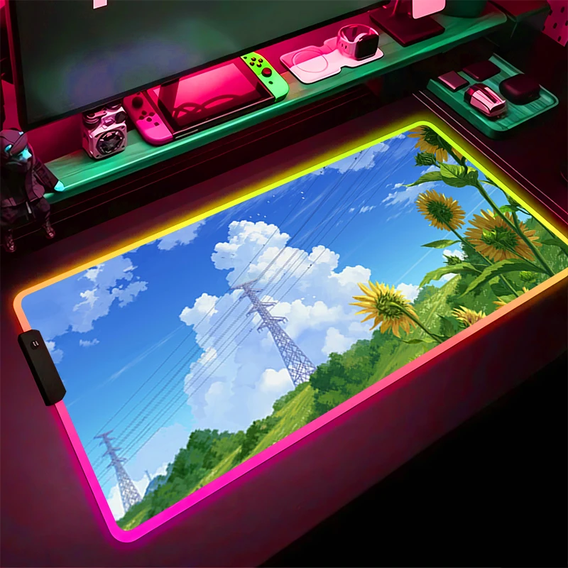

RGB LED Mouse Pad Laptop Rubber Extended Pad Desk Mouse Mat Computer Game Mousepad PC Accessories In Green Plants Keyboard Pad