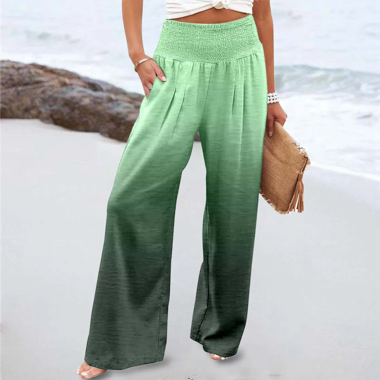 

Straight Gradient Wide Leg Long Pants Elastic Waist Casual Fashion Streetwear Summer Loose Trouser 2025 Lady Trend New