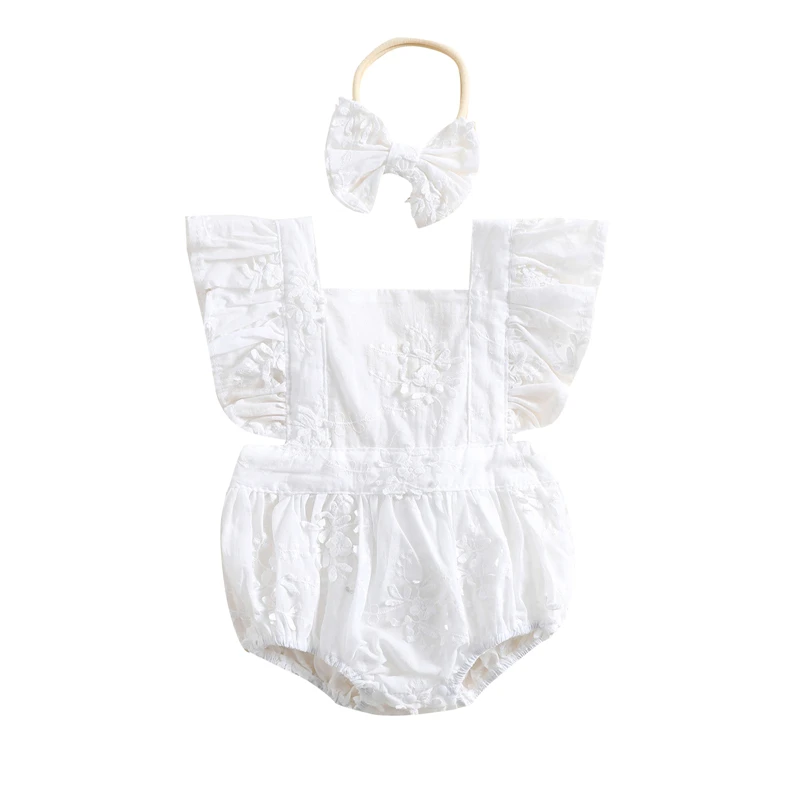 

Baby Girls Summer Romper with Headband Plain Fly Sleeves Lace Floral Romper Infant Triangle Backless Jumpsuit Playsuit