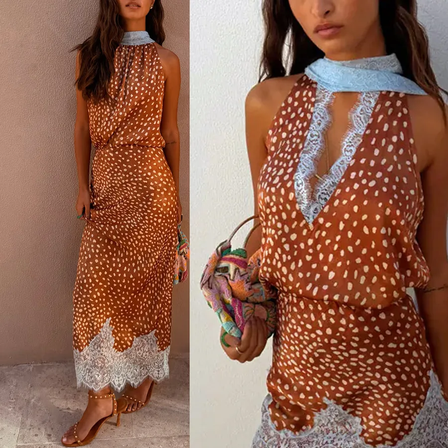 2026 New Elegant Printed Reversible Ribbon Top Lace Insert Skirt Set Women's Sleeveless Dot Two-Piece Outfit Lady Casual Wear