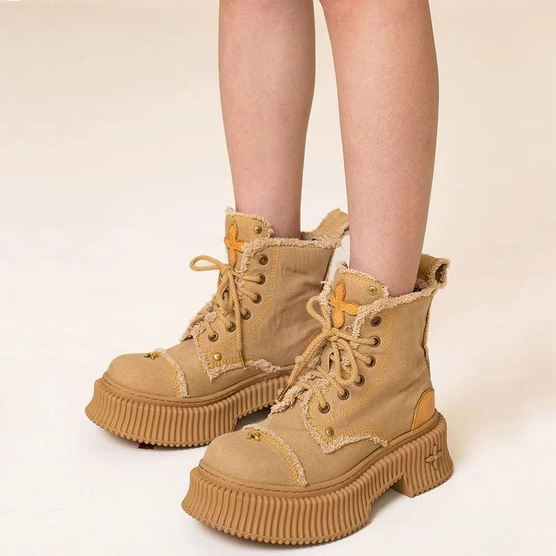 

Fashion Black Flat Biscuit Desert Boots Cowhide Canvas High Top Boots Fashionable All-match Women's Shoes Stage Cosplay Boots