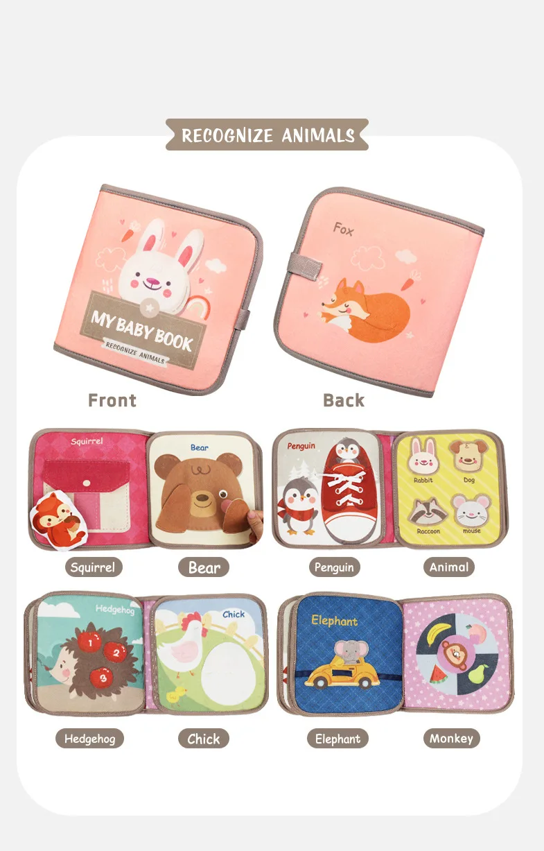 Montessori Beschäftigt Buch Baby Frühe Bildung Puzzle Spielzeug Tier Kognitive Stoff Wiederholte Paste Ruhiges Aktivitätsbuch mit Lebensfähigkeiten – Detail 10