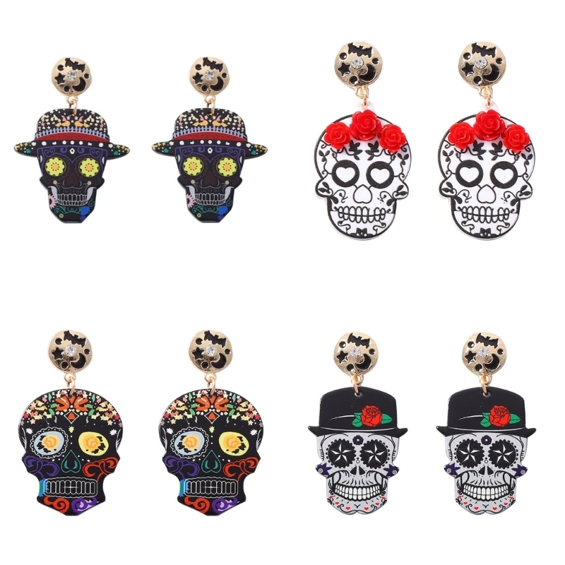 195C Acrylic Halloween Skull Dangle Drop Earrings Pair, Statement Jewelry for Costume Parties, Theme and Spooky Looks