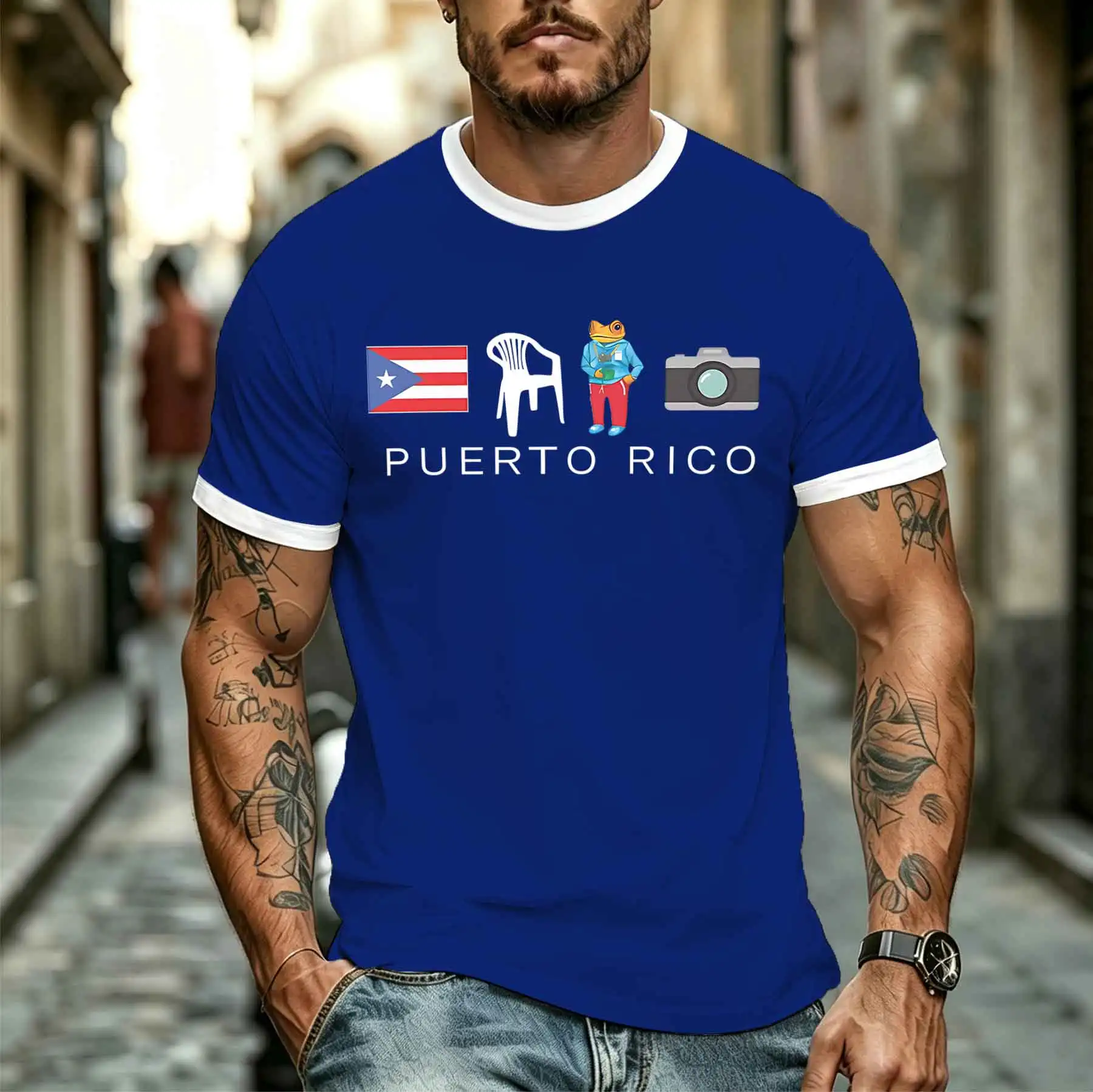 2026 new model Tee Stylish Comfortable Men's Puerto Rico Themed Anthropomorphic Chameleon Print T-Shirt Trendy Travel Photograph