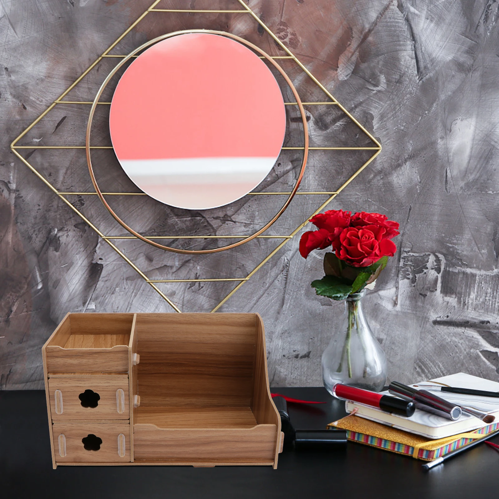 

Wooden Storage Box Compact Desk Organizer Sturdy Structure Light Weight Makeup Container Basket Storage