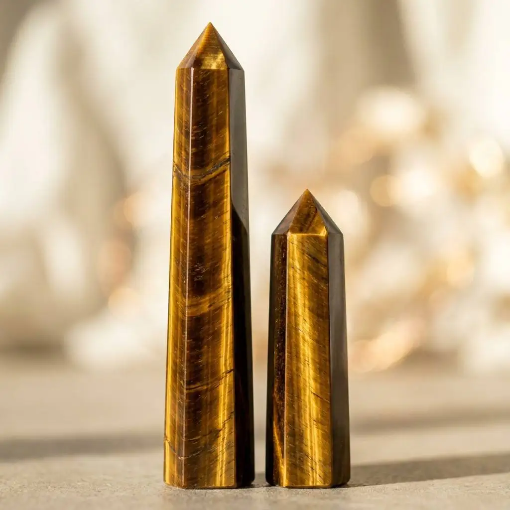 Natural Tiger Eye Crystal Tower Obelisk Set 3.1-7.5in 8-19cm Chatoyant Silky Golden Brown Pillar Wand Point Translucent Home Decor Desk Ornament Office Display Figurine Sculpture Shelf Room Decoration Birthday Christmas Housewarming Anniversary Holiday Gi