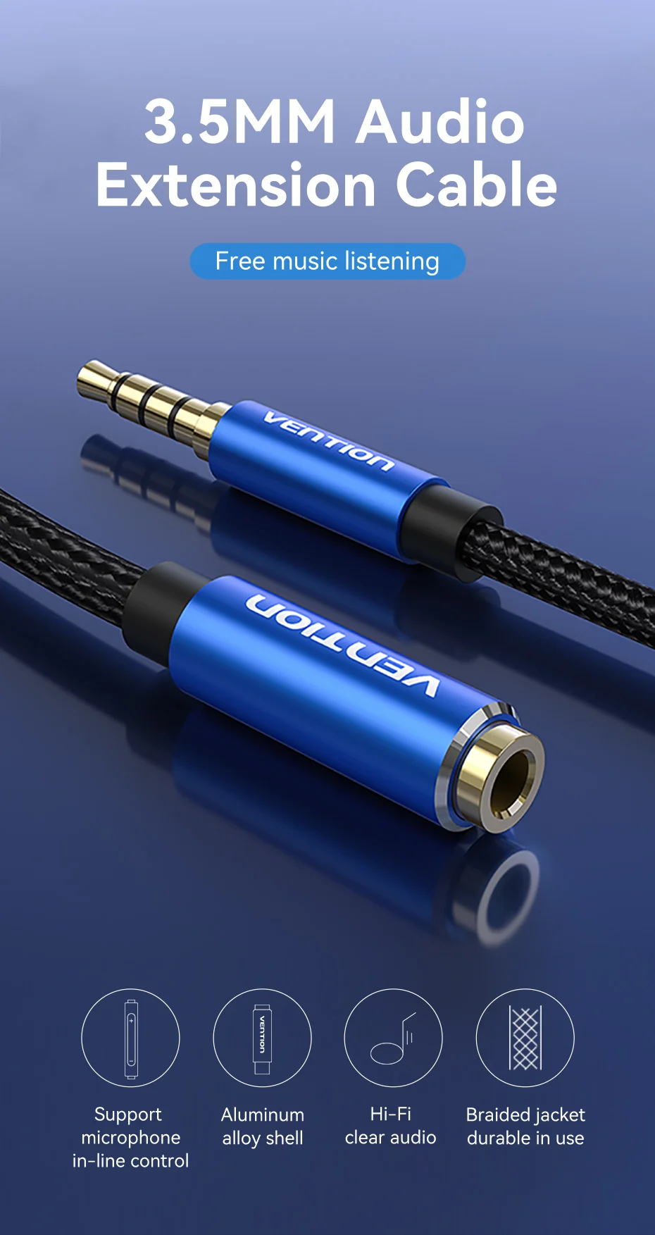 Vention Jack 3,5 mm Aux-Verlängerungskabel für Auto, Laptop, Mini-PC, TV, Xiaomi, Huawei, Stereo, 3,5 mm Audio-Buchse, Kopfhörer-Lautsprecherkabel – Detail 4