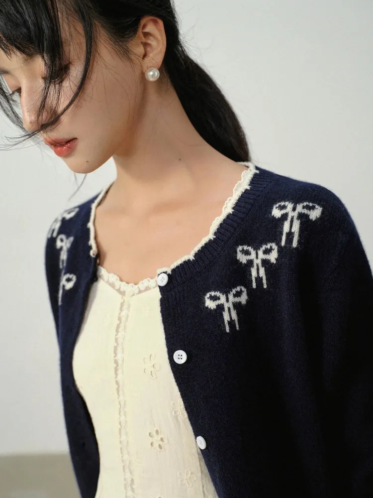 Wool Knit Cardigan Women Contrast Bow Embroidery Sweater Autumn Short Slim Fit Round Neck Outerwear Jacket for Casual Layering