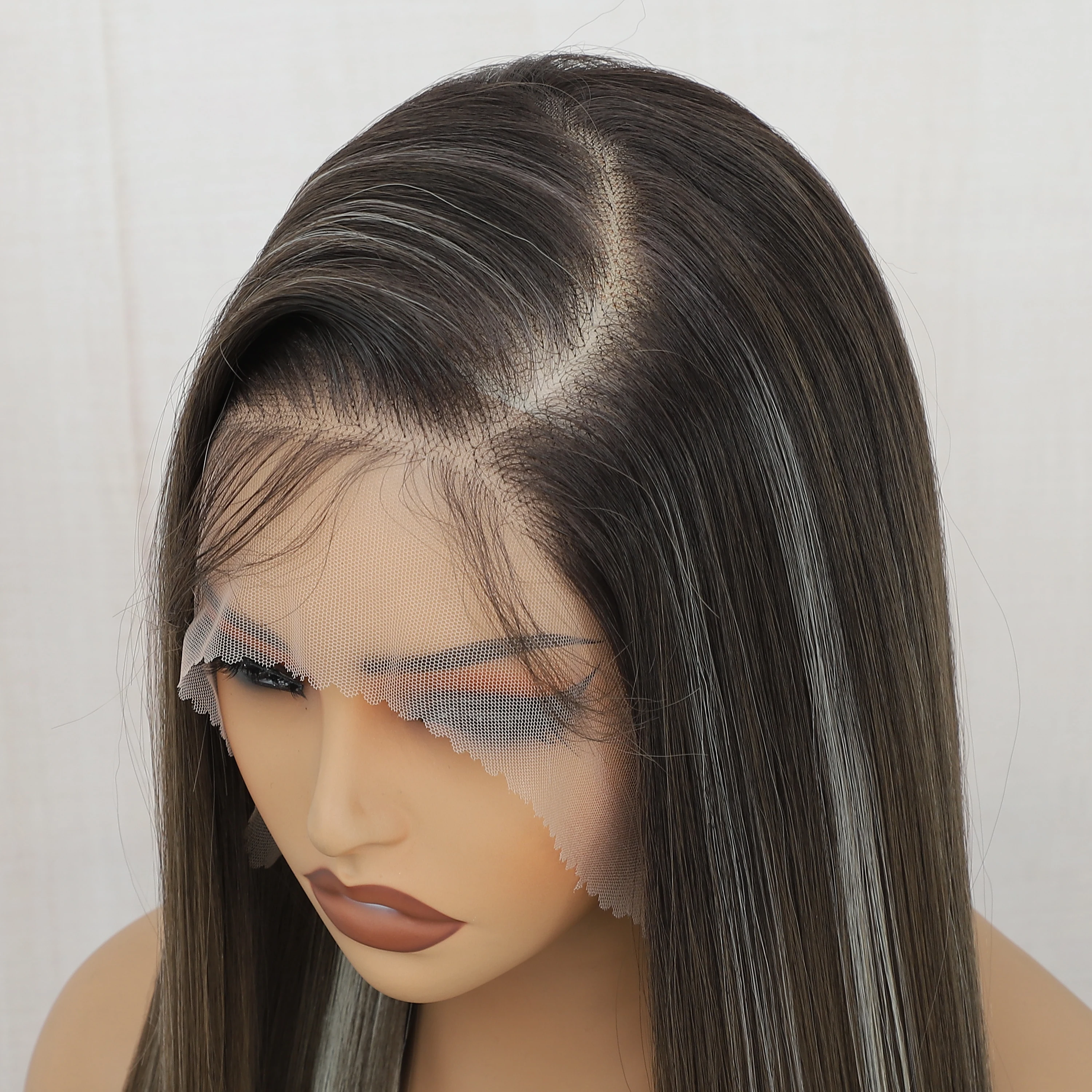 Wig 13x4 Wig depan renda sintetis lurus Wig warna coklat campur pra pencabutan untuk wanita Wig Frontal 30 inci telinga ke telinga