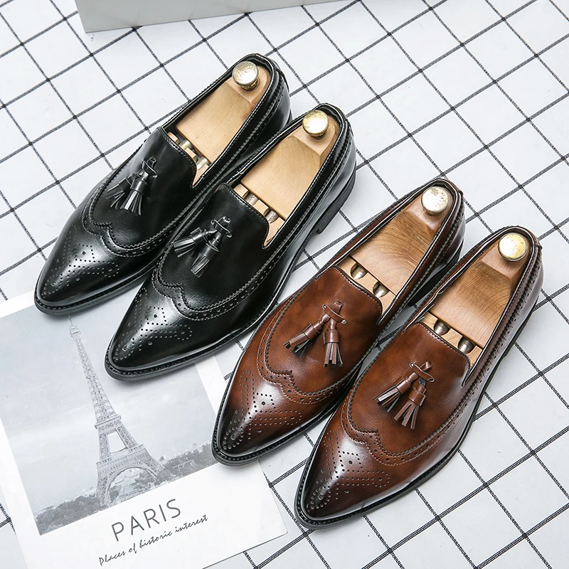 

Handmade Big Size 38-48 Tassel Loafers Men Shoes Black Leather Fashion Office Brogue Shoes Man Business Dress Driving Shoes