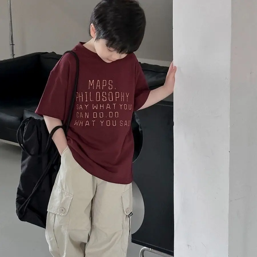 Premium Wine Red Cotton Boy's Short Sleeve T-Shirt 2026 Summer Kids Casual Wear​