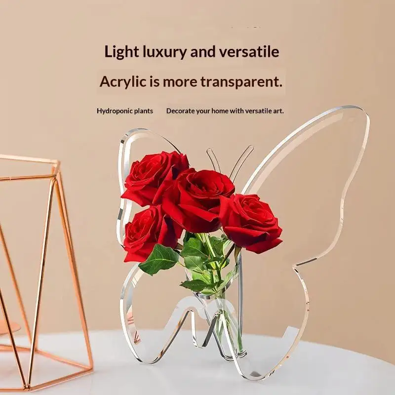 Clear Acrylic Butterfly Shaped Vase High Transparent Finish For Home Hydroponic Flower Display Decor