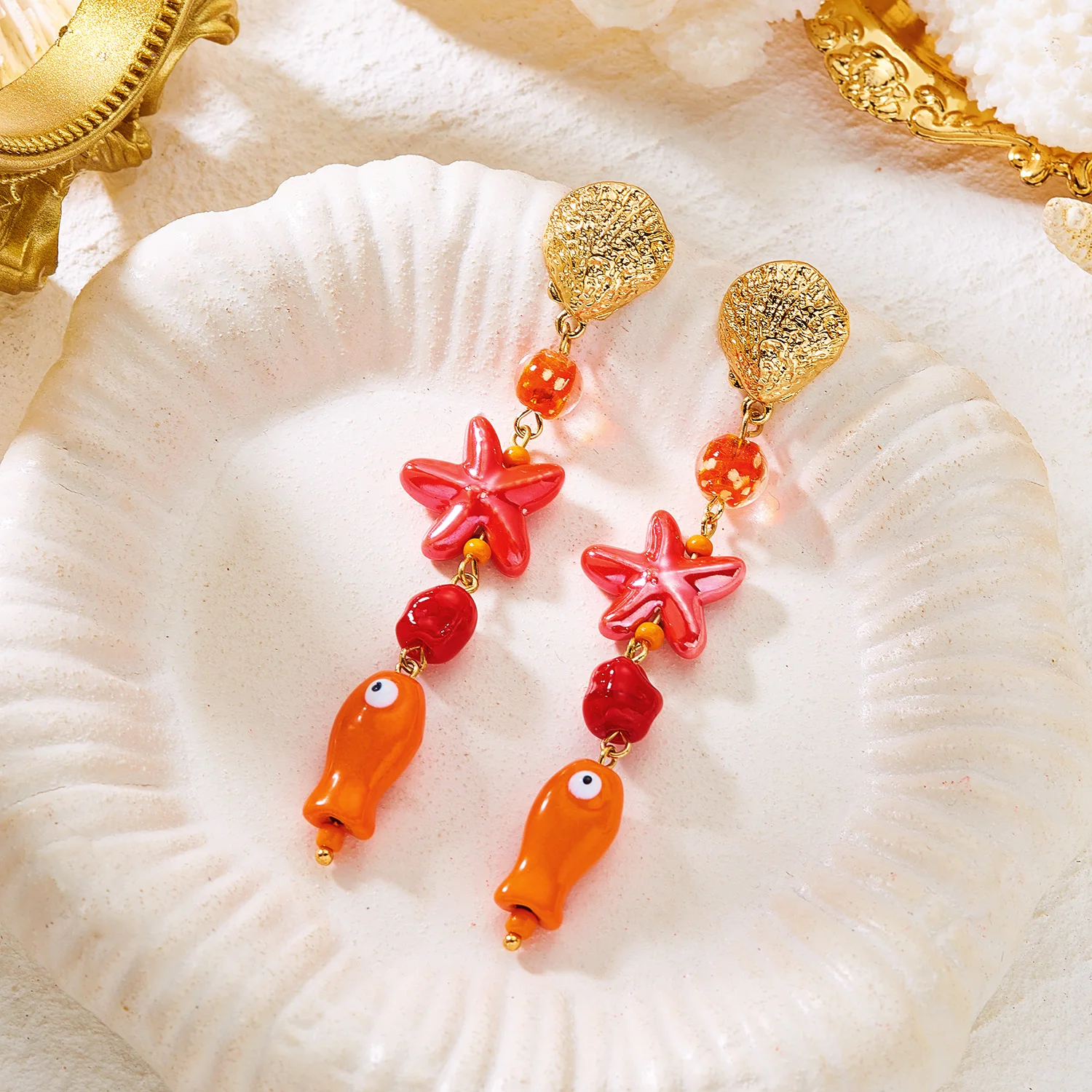 Bunte Keramik-Fisch-Ohrhänger für Damen, Bohemian Seestern-Muschel-Perlen-Anhänger-Ohrringe, Strandurlaub-Schmuck-Accessoires – Detail 5