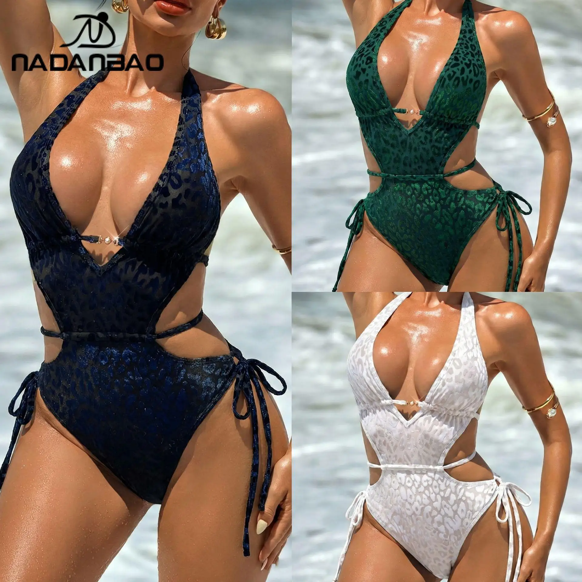 Nadanbao Sexy Leopard Print One-Piece Swimsuit Lace-Up Hollow Bikini Women's Backless Triangle Swimwear Beach Swimming Suit