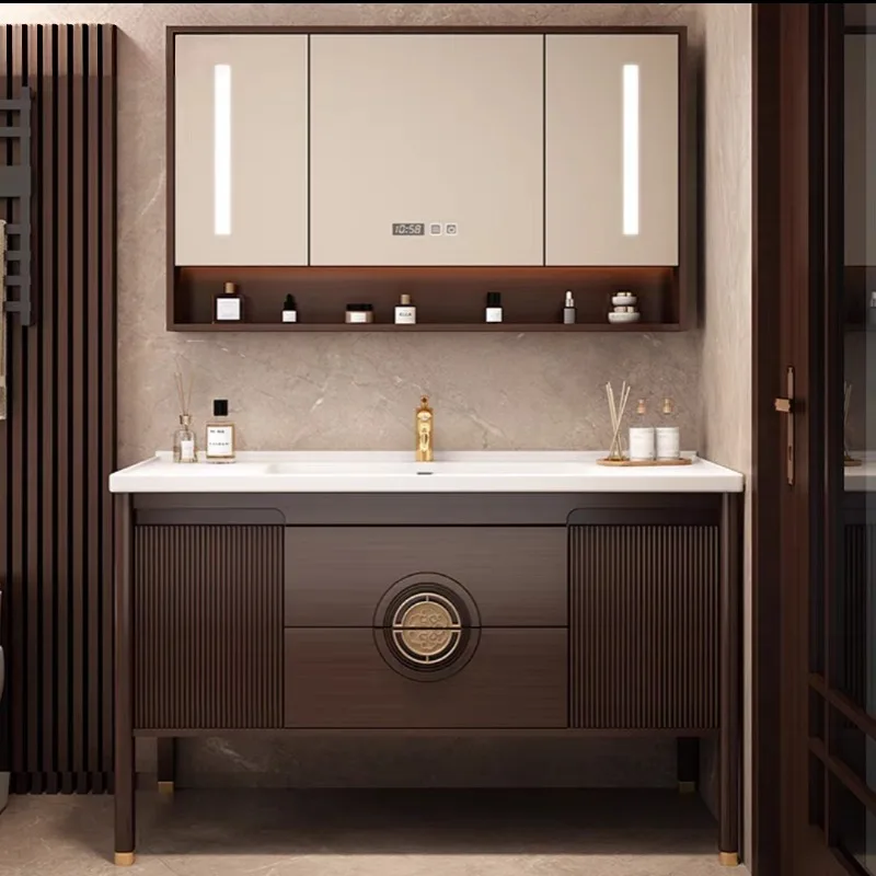 

Тумба для ванной из массива дуба, встроенный керамический умывальник, напольный умывальник от пола до потолка.