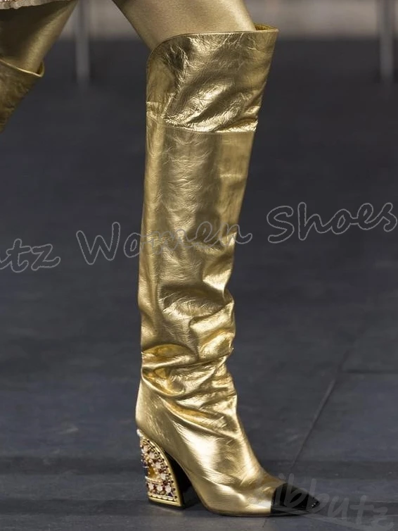 Knee High Boots Crystal Glossy Heels Round Toe Slip-On Solid Color Spicy Girls Shoes Fashion Elegant Luxury Comfortable Sexy New