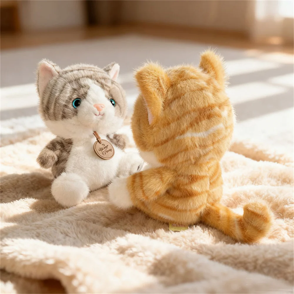 

Милый полосатый кот, плюшевые игрушки, реалистичная сидячая поза, медаль, кукла-котенок, мягкие уютные мини-настольные домашние животные, милый детский рождественский подарок