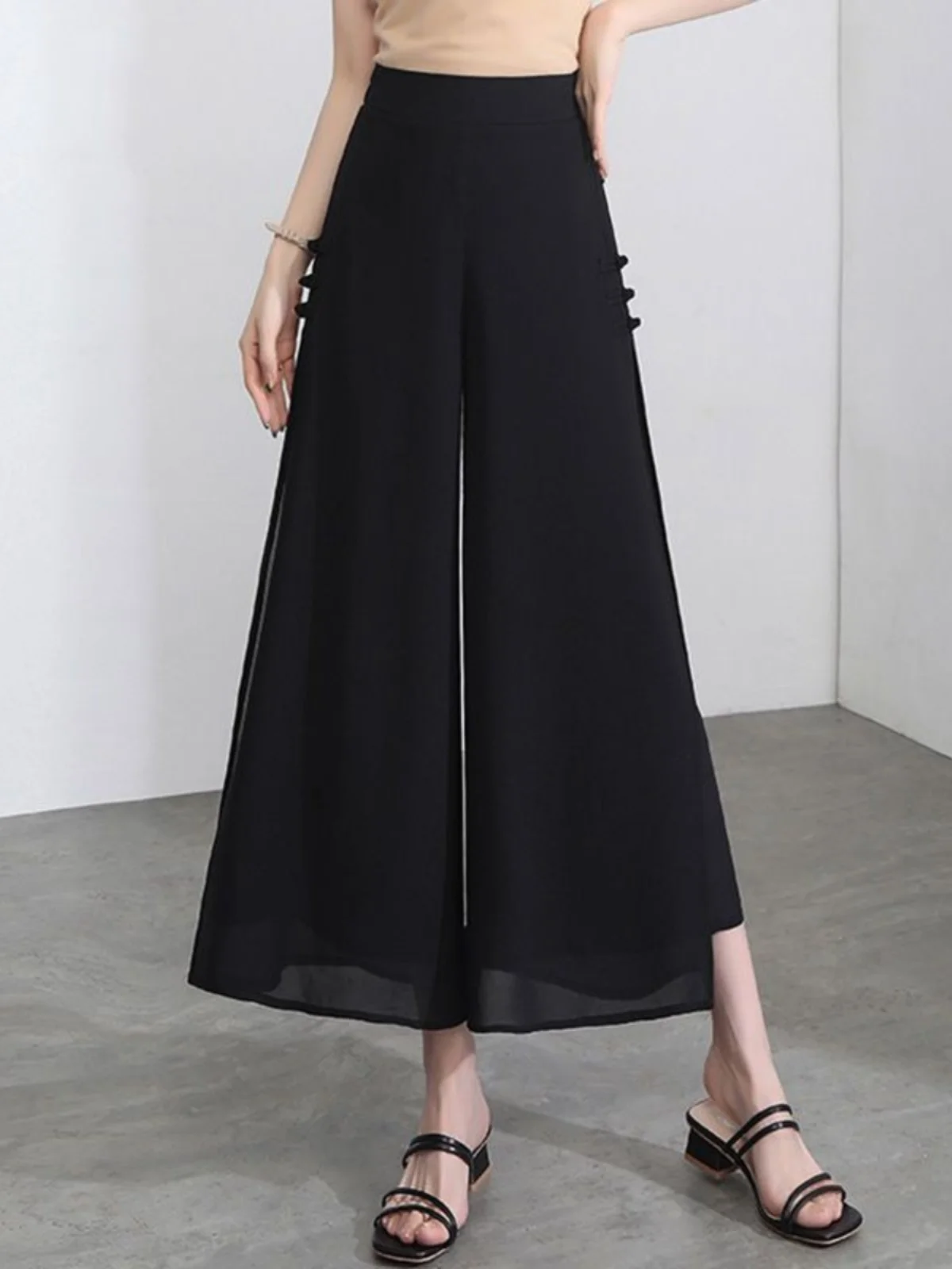 

Широкие брюки с высокой талией, женские летние тонкие шифоновые юбки с разрезом, брюки трапециевидной формы, повседневные брюки с девятью точками для поездок на работу