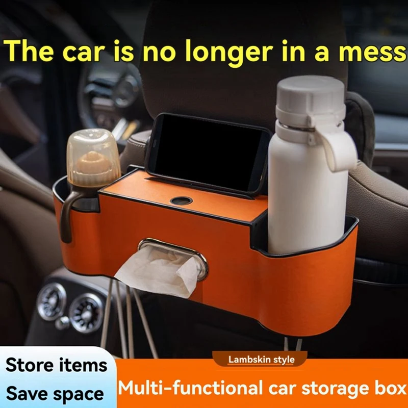 Super Sale Universal Car Multi-Functional Seat Back Storage Bag Tissue Box with 2 Drink Holders 2 Hook Built-in Phone Holder Whi