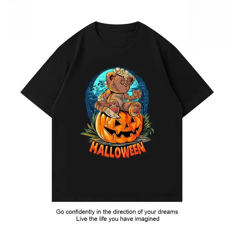 

loween Bear Pumpkin ort Sve Cotton T-irt ex Streetwear Casual Loose Fit Faion Design Summer Top for All Ages