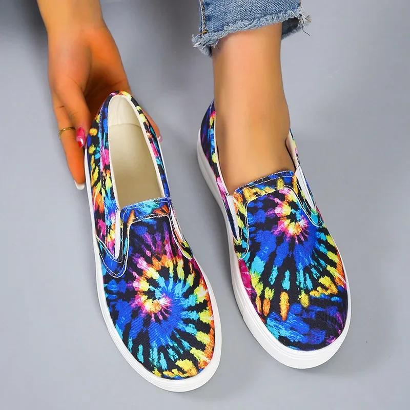 Women Loafers Graffiti Flat Shoes Women\'s Summer Vulcanized Shoes Casual Walking Shoe Slip on Canvas Moccasins Loafers for Woman