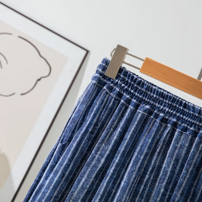 Women Pants 100% Mulberry Crepe Silk Blue Jeans Striped Printed Pocket Wide Leg Long Trousers Elastic Waist Office Lady QQ002