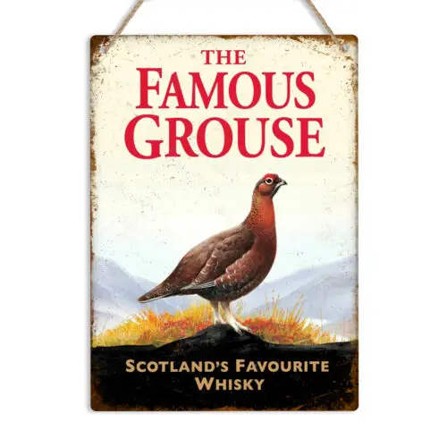 Letrero Metálico Vintage Retro FAMOUS GROUSE, Placa Decorativa para Bar, Pub o Cuarto de Hombre, con Diseño de Whisky Escocés