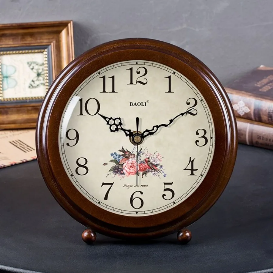 European Wood Table Clock Mute Modern Home Decoration Living Room Bedroom Desk Office Desktop Analog Silent Elegant Vintage Gift