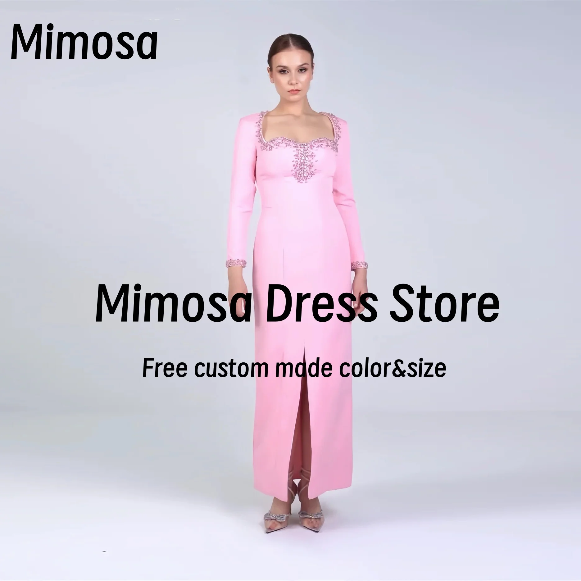 

Mimosa Pink Prom Dresses Square Neck Beaded Long Sleeves Cocktail Party Evening Gown Front Slit Robe De Soirée Femmes Customized