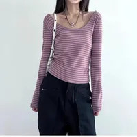 Cross-Border New Knitted Top Striped T-Shirt Versatile Long Sleeve Design Sensibility Autumn Slimming U-Shaped Neck Long Sleeve