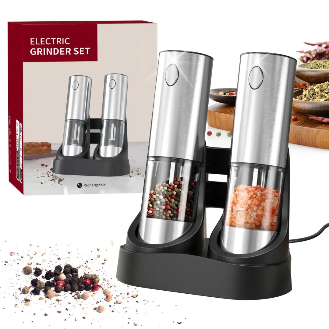 2Pcs Electric Salt And Pepper Grinder With Adjustable Coarseness Stainless Steel Rechargable Kitchen Automatic Grinding Gadget