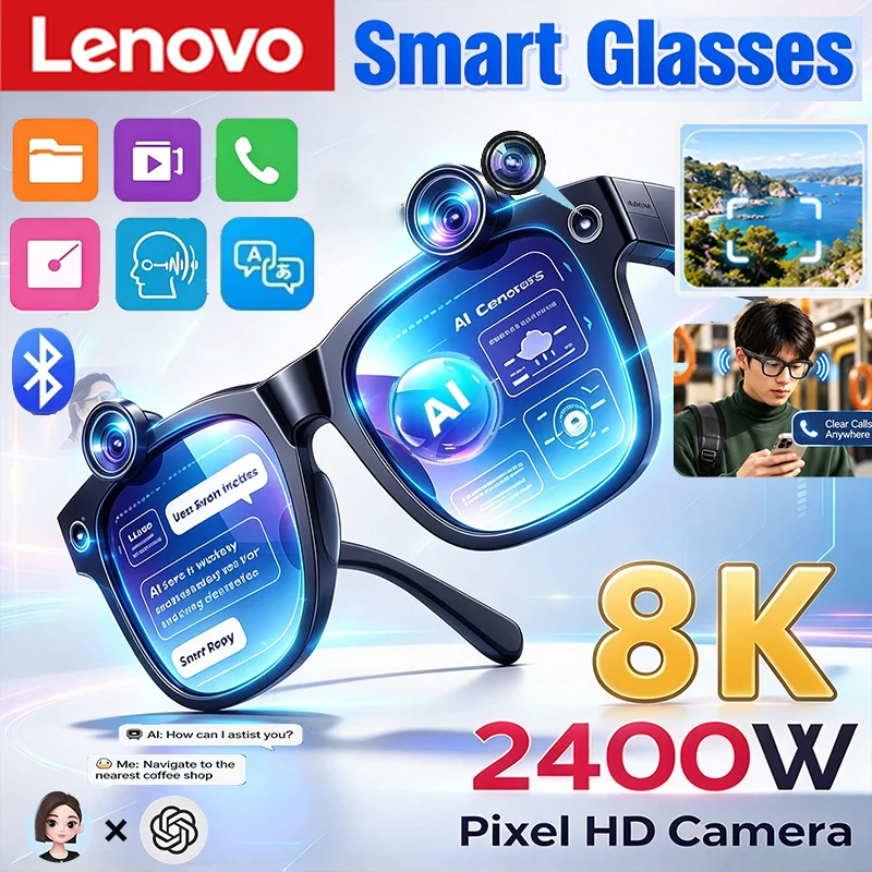 Lenovo Wireless AI Chat Smart Glasse Bluetooth Remote Control 2400MP Photo Capture Sunglasse Call Music Leisure Adult Eyeglasses