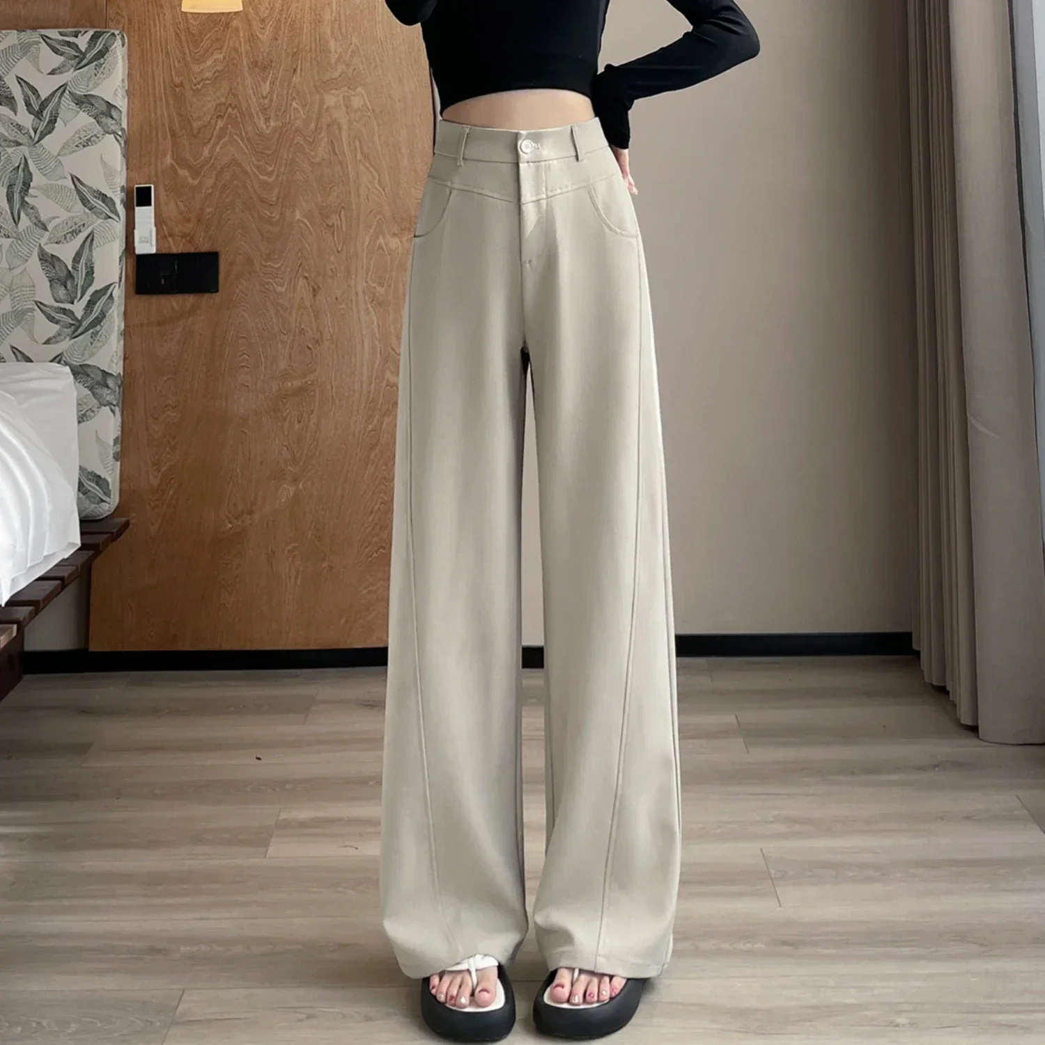 Spring Summer Vintage Women's Wide Leg Pants 2025 New High Waist Solid Casual Loose Straight Full Length Trousers for Womens