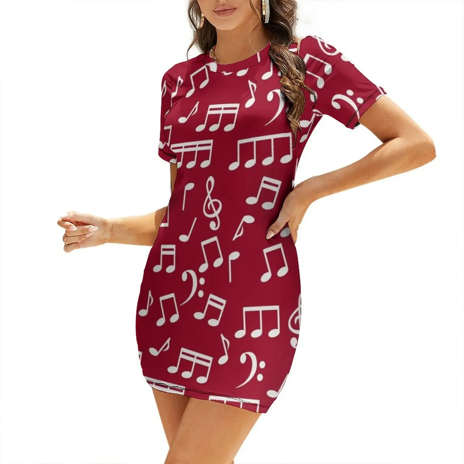 

White Music Notes on Red Background Short-Sleeved Dress Dress woman Party dresses dress party evening elegant luxury celebrity