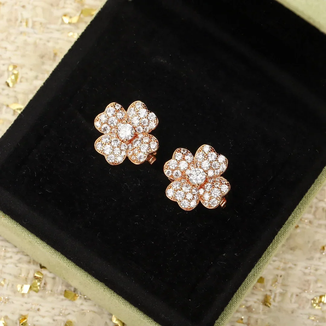 Fine Brand Rose Gold Flower Earrings Women Luxury Designer Top Quality Clover Jewelry Wedding Trend