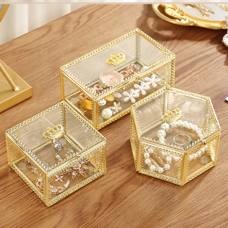 

Style Gold-Framed Glass Cosmetic & Jewelry Organizer - transparent Ring & Earring Display Case, Art Piece for Vanity Table Decor