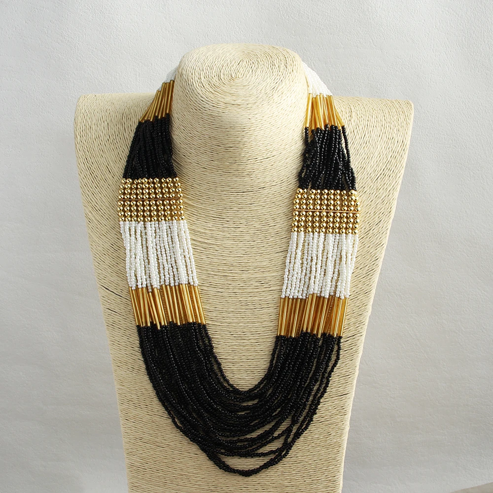 البوهيمي العرقية اليدوية متعدد الطبقات الزجاج الأرز عقد من اللؤلؤ مزيج اللون متعدد حبلا بيان قلادة البذور الخرز قلادة #6