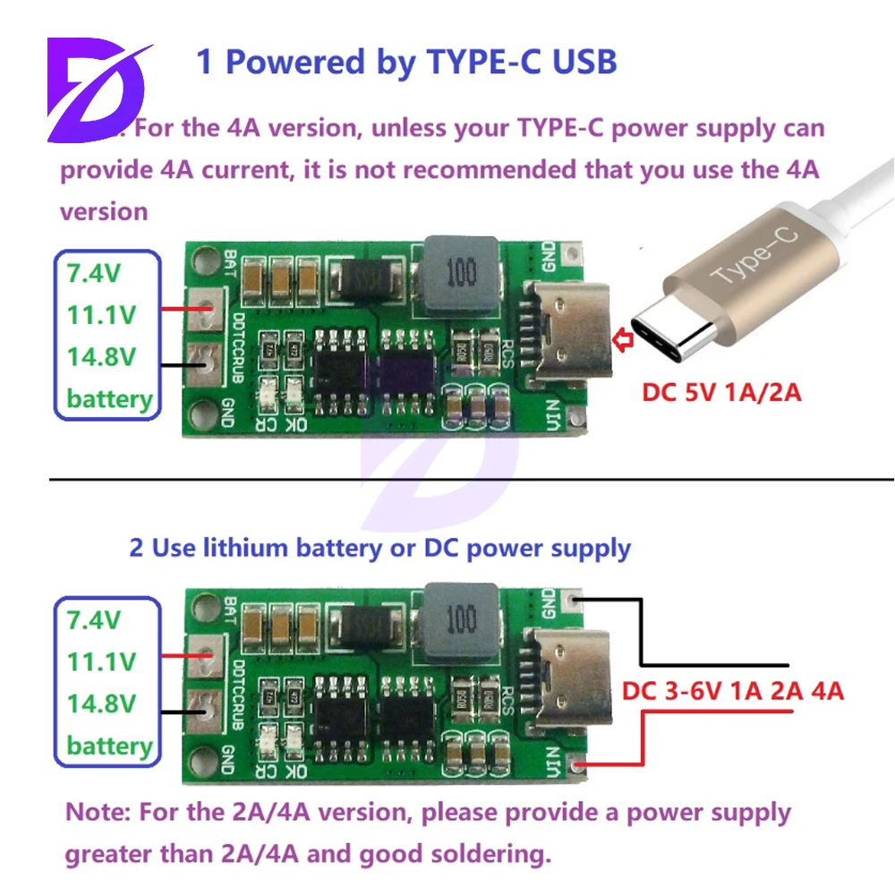 Multi-Cell 2S 3S 4S Type-C To 8.4V 12.6V 16.8V Step-Up Boost LiPo Polymer Li-Ion Charger 7.4V 11.1V 14.8V 18650 Lithium Battery