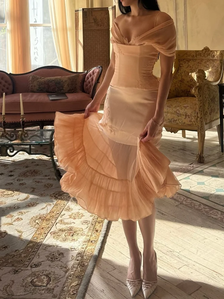 

Women's Elegant Blush Pink Corset Two-piece Set Sweet Lace Trim Bustier Top Chic Sheer Chiffon Tiered Midi Skirt 2026 New Outfit