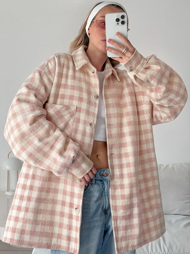 Mumaroho 2024 Winter Autumn Women Woolen Plaid Jacket Pink Long Sleeve Tops Outwear Coat For Women