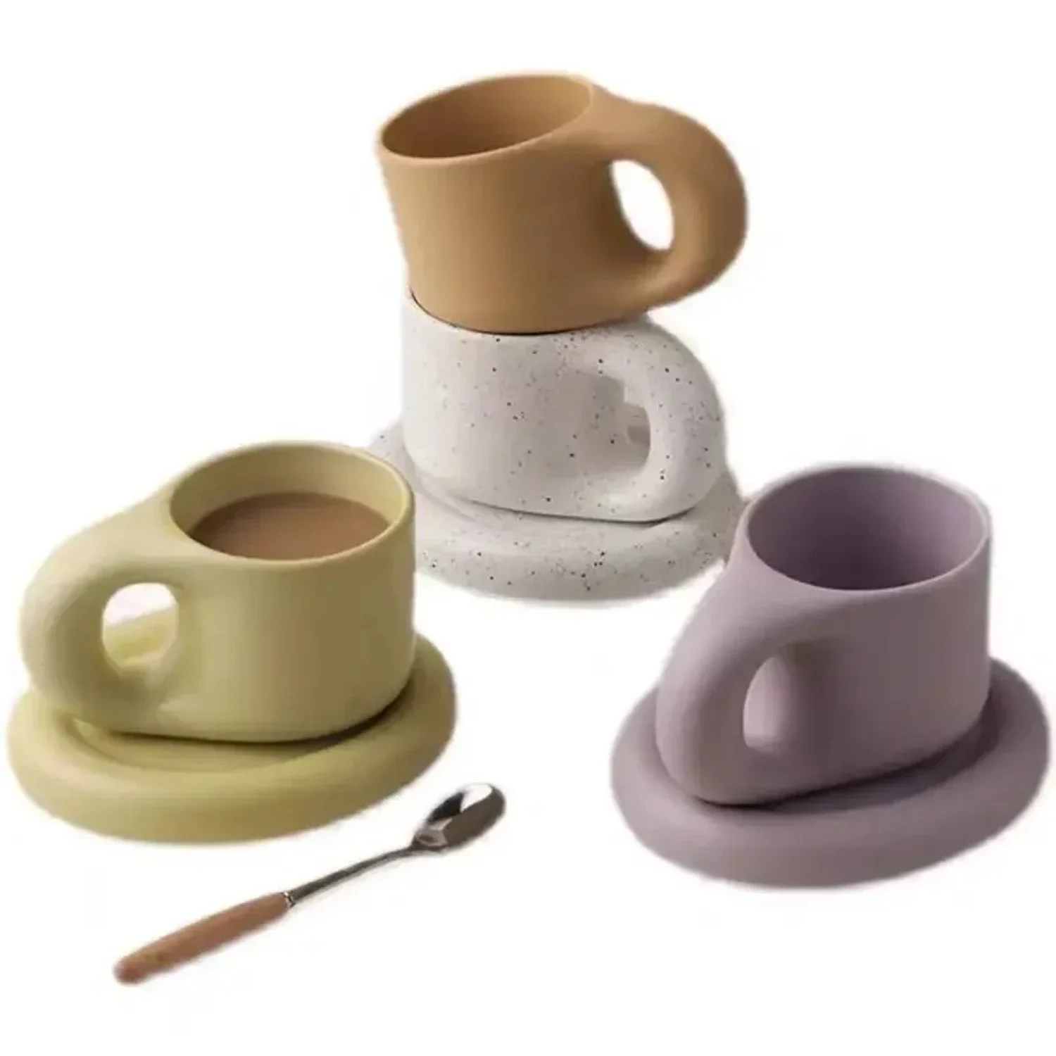 Colorful and Creative Ceramic Mugs with Saucer - Stylish and Unique drinkware set for Office - Fun Fat Cups for Coffee, Milk, or