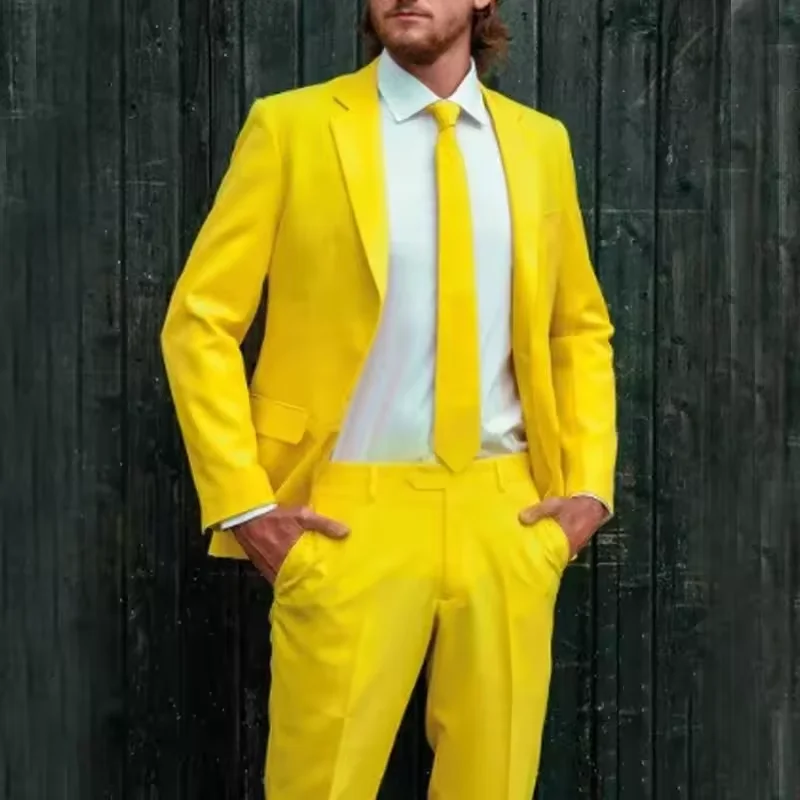 

Men's high-quality yellow men's suit with notch casual full set ball dress, two-piece set, jacket and pants