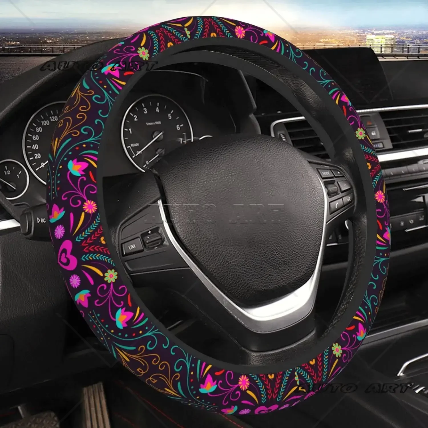 Mexican Flower Steering Wheel Cover Universal 15 Inch Car Wheel Protector Car Steering Wheel Accessories for Women Girls