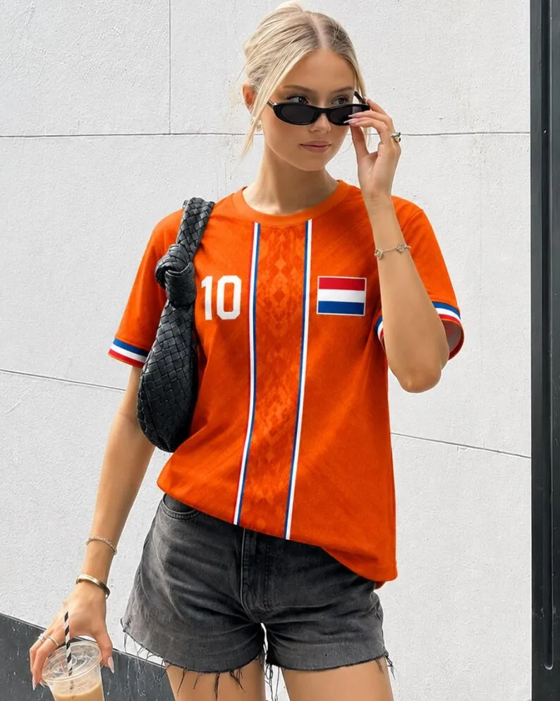 Dutch Orange Vertical Stripe with 10 Flags 3D Printed Three Color Cuffs Sports Multi Scene Women's Summer Fashion T-shirt